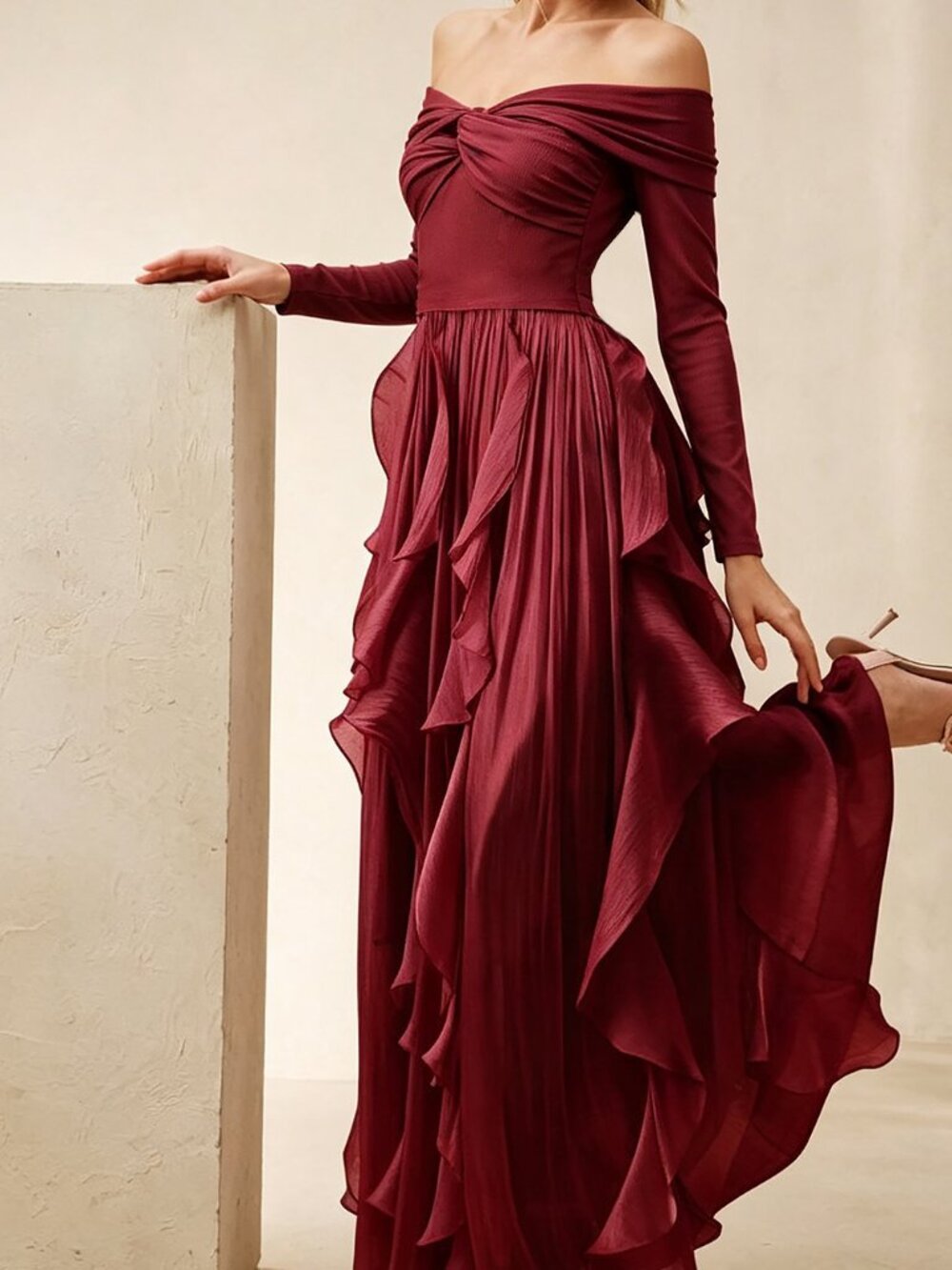 Burgundy Women's Party Off-Shoulder Zipper Ruffle Hem A-Line Long Dress